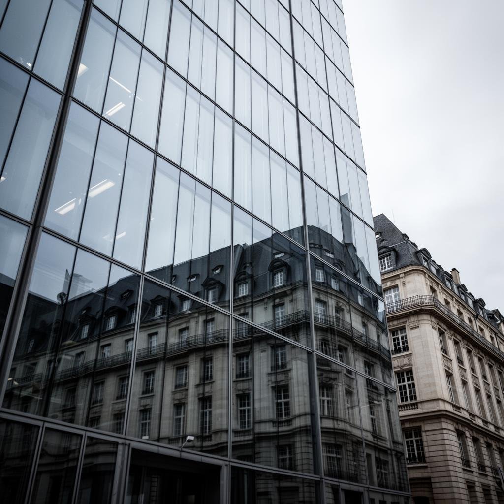 Quartier financier de Luxembourg, façade en verre reflétant l'architecture haussmannienne
